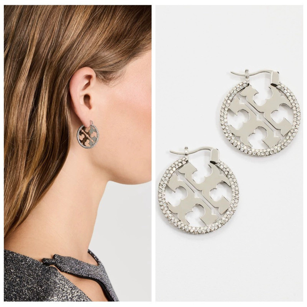 Tory Burch Series White Gold Crystal Large Double Earrings